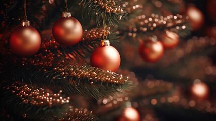 Obraz na płótnie Canvas Christmas tree decorations background with copy space. Christmas, New Year wallpaper. AI