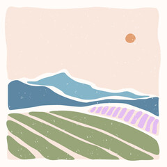 Modern abstract minimalist landscape poster. Provence France. Fields, sun and mountains. Pastel colors. Boho mid-century prints. Flat design. 