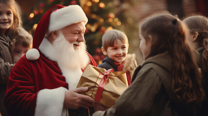 Fototapeta na wymiar Magical Moment: Santa Distributing Gifts to Children