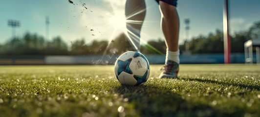 soccer ball on green field back sunlight - obrazy, fototapety, plakaty
