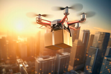 flying drone with package over a city