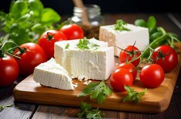 Fototapeta na wymiar White cheese with tomato and olive oil.