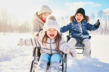 Fototapeta na wymiar kid in wheelchair playing in the snow