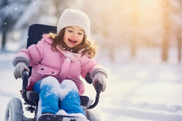 kid in wheelchair playing in the snow