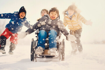 kid in wheelchair playing in the snow