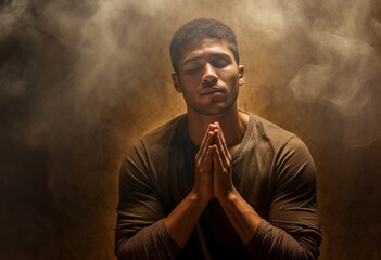 young man praying in the dark
