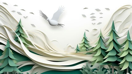 Flying bird paper cut wavy background.