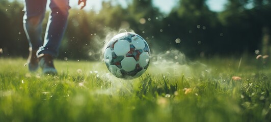 soccer ball on green field back sunlight