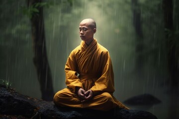 Monk meditation forest prayer. Generate Ai - obrazy, fototapety, plakaty