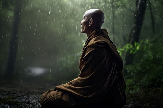 Monk Meditation Forest Rain. Generate Ai