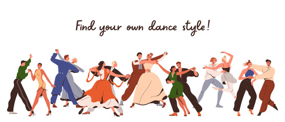 Couples, partner dances of different styles, banner background. Dancer school, studio class advertising. Man and woman pairs performing ballet, waltz, bachata, tango. Flat vector illustration