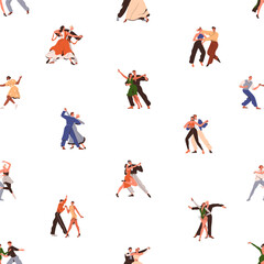Fototapeta na wymiar Dancers couples, seamless pattern. People, man and woman pairs, partner dances styles. Endless choreography background, repeating print. Flat vector illustration for textile, fabric, wallpaper