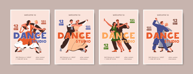 Partner dances, school and studio posters set. Couple dancers classes, promotion flyer designs, advertising templates. Ball, waltz and modern styles, vertical ad cards. Flat vector illustrations