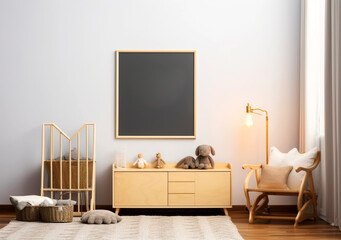 Stylish and cute scandinavian decor of newborn baby room with natural toys and frame mockup. Beige walls. AI Generated