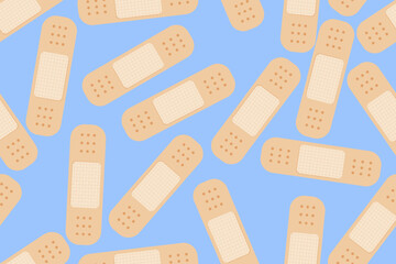 Scattered flat beige medical plasters on blue background. Group of medical band aids, seamless pattern. Vector Illustration. EPS 10.
