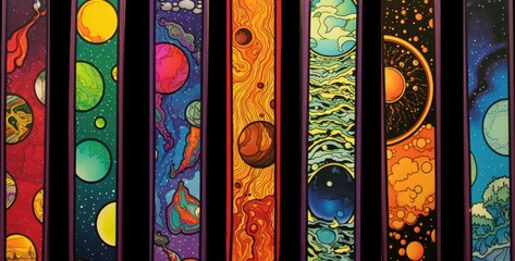 A set of colorful space themed paintings. AI