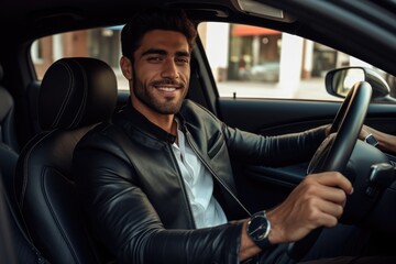  man driving a car. He is wearing a black leather jacket and is holding the steering wheel with both hands. The car has black leather seats and a black interior. Generative AI