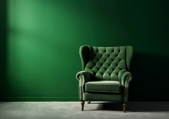 Beautiful luxury classic green clean interior room in classic style with green soft armchair. Minimalist home design