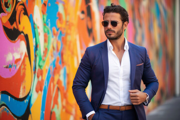 a businessman standing in front of a colorful graffiti wall. He is wearing a blue suit with a white shirt and a brown belt. Generative AI