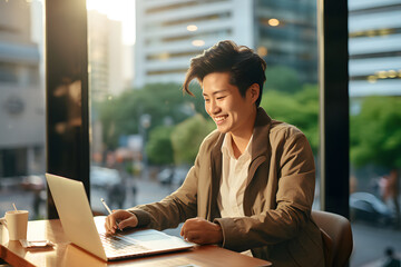 young asian business man a professional marketing sales manager using laptop with city view in day time