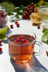 Cup of vitamin anti-cold tea with lemon slices,honey and cinnamon and ingredients on light table. selective focus. Anti-cold tea is an antioxidant for health in the flu season of colds. Side view.