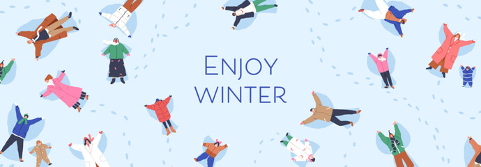 Winter holiday background. Snowy nature banner, happy people, families, children making snow angels on wintertime vacations. Outdoor fun in cold weather, card backdrop. Flat vector illustration