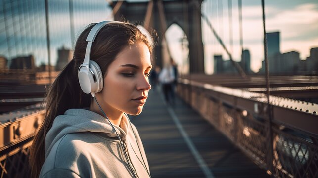 Girl athlete with headphones running across the bridge, ai art