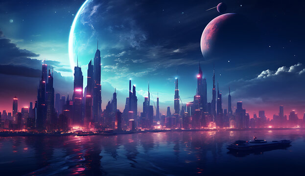 Retro wave cyberpunk wallpaper of a city with vibrant blue violet cyan colors and lights at night, big moon and worlds on the background