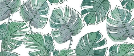 Tropical green background with monstera leaves in watercolor technique. Botanical background for decor, wallpapers, covers, postcards and presentations. © Лилия Агапова