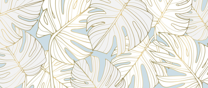 Tropical luxury background with white monstera leaves and golden outline. Botanical background for decor, wallpapers, covers, postcards and presentations, social media posts.