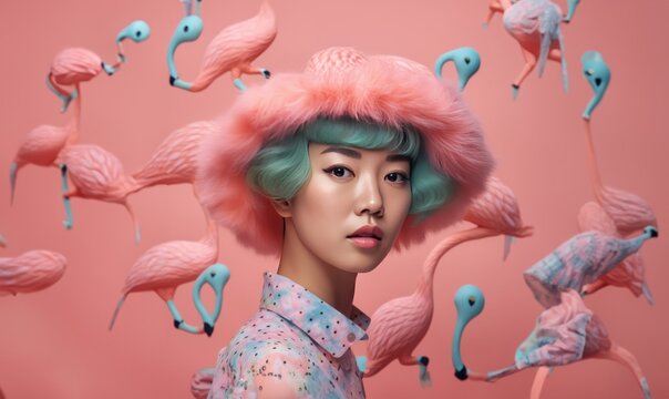 Asian girl with green hair wearing a pink fluffy hat