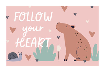 Scandinavian kids card design. Cute capybara, snail in nature, motivation postcard background in Scandi style. Adorable sweet animals and phrase. Childish flat vector illustration with text quote