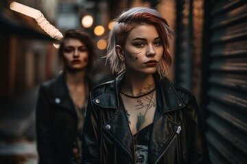 Gothic women wearing black jackets walking in the alleyway