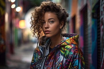 Arrogant girl wearing colorful hoodie with curly hairstyle