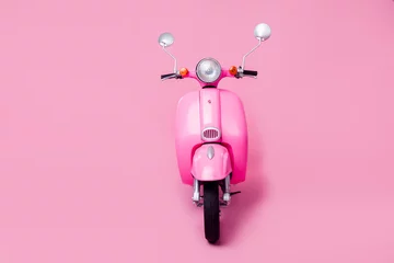 Deurstickers Scooter Full length photo of old school retro vintage girly funny colorful motorbike empty space isolated pink color background