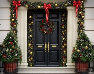 Porch and front door with beautiful Christmas decor created with Generative AI technology