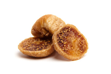 Dried figs isolated on white background. Healthy snacks dried fruit. Whole and halved fig with seeds