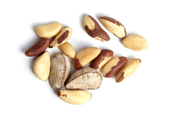 Brazil nuts isolated on white background. Brown Brazil nut kernels, a healthy choice, top view