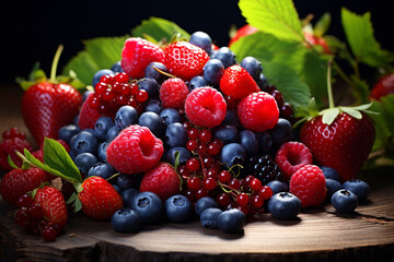Mixed berries on wood table.