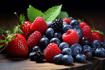 Mixed berries on wood table.