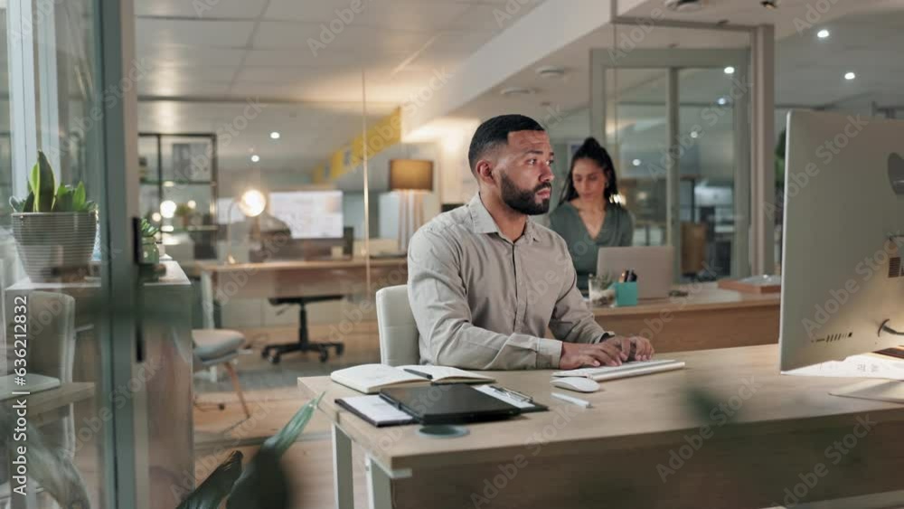Poster computer, strategy and a business man writing in his notebook while planning in the office at night.