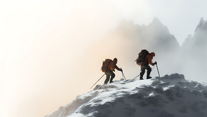 Two person climbers climbing on a glacier mountain alps with ice and snow, background, wallpaper, hiking