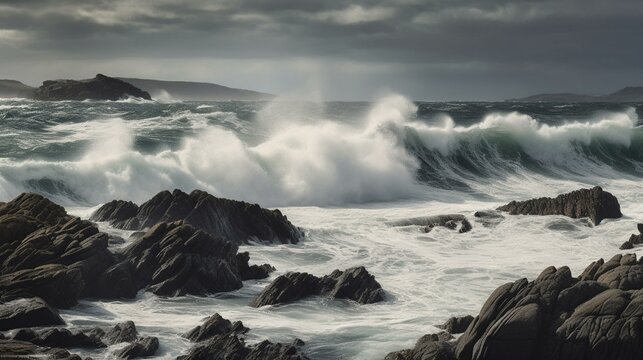 Waves of Wonder Conveying the Grandeur of Ocean's Power Against Rocks