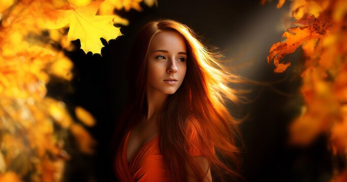 Ginger girl in red dress at autumn