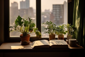 Fototapeta na wymiar Serene Reading: A Book on a Sunlit Window Sill with Plants and Cityscape View, Generative AI