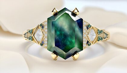 Gold Jade Ring with a Sapphire Hexagon and Diamonds