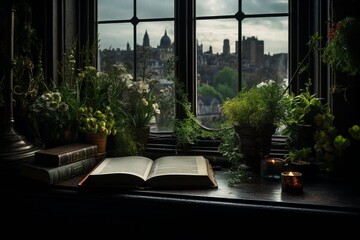 Obraz premium Serene Reading: A Book on a Sunlit Window Sill with Plants and Cityscape View, Generative AI