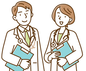 カルテをを持ってこちらを向いている若い男女の医者　セット
