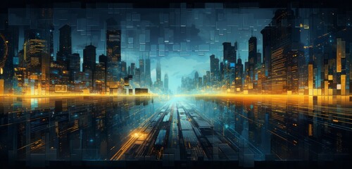 Urban Skylines with Vibrant Blue and Yellow Lines, Modern Cityscape Background with Copy Space, Generative AI