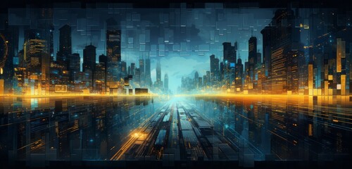Fototapeta premium Urban Skylines with Vibrant Blue and Yellow Lines, Modern Cityscape Background with Copy Space, Generative AI